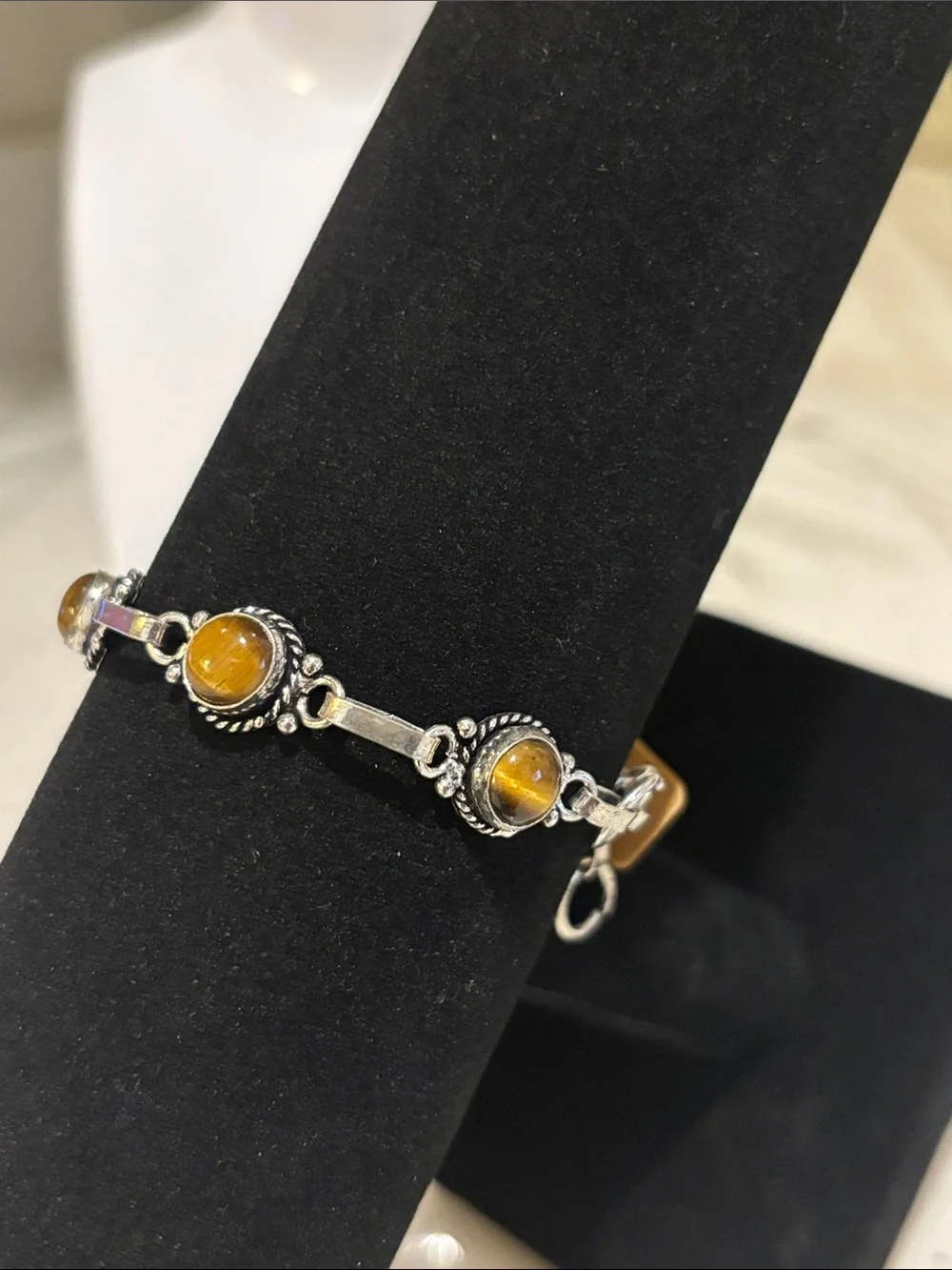 Sterling Silver Tiger's Eye Link Bracelet - Brown Gemstone
